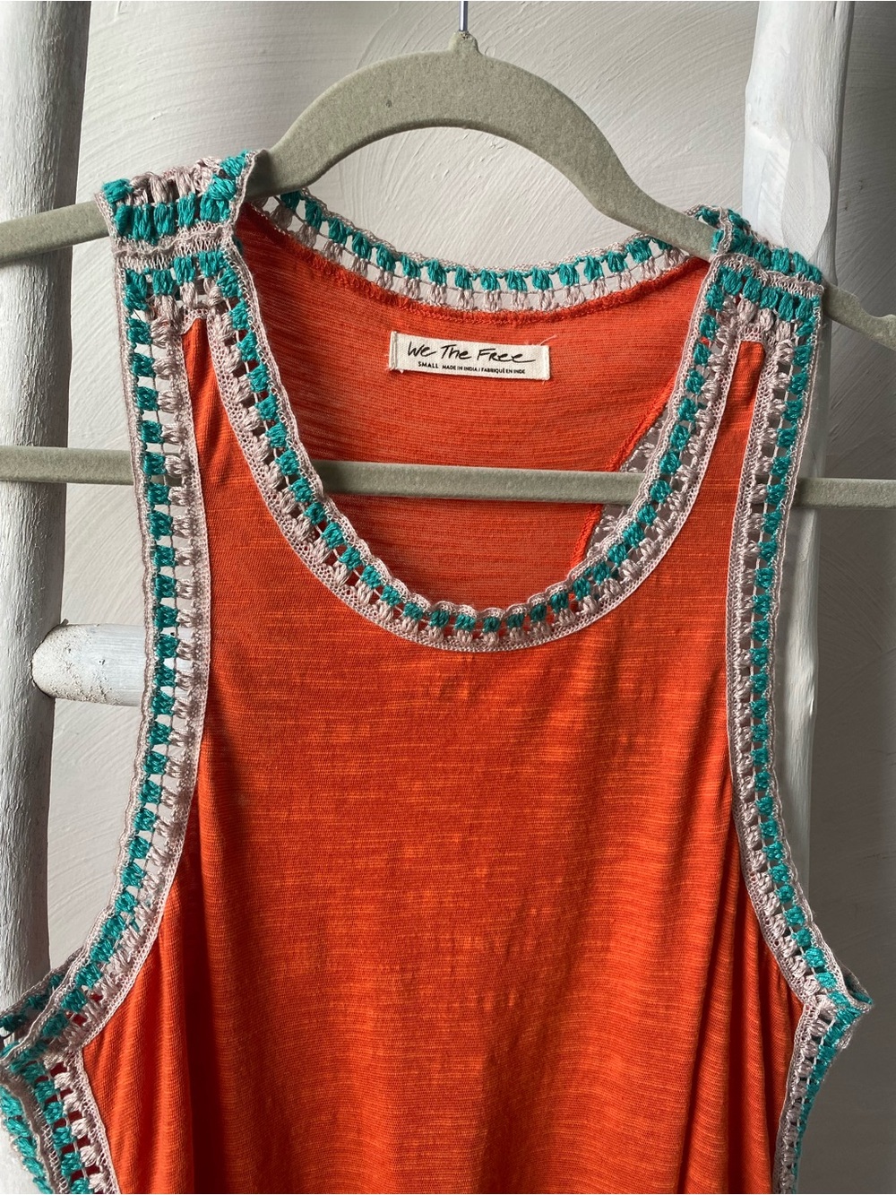 We The Free Bright Orange Tank with Teal & Cream Crochet Trim - Picture 2 of 5